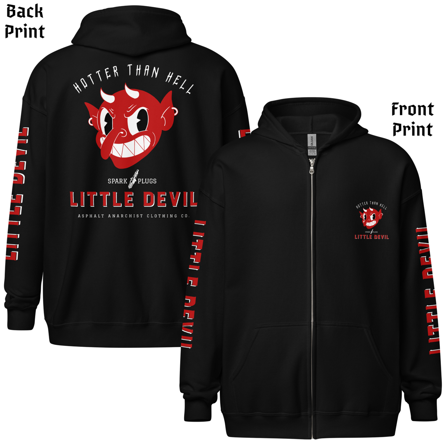 
                  
                    Back & front view - Little Devil Heavy Zipper Hoodie in black, Asphalt Anarchist branding, retro devil graphic, and sleeve text detail. AI-generated image.
                  
                