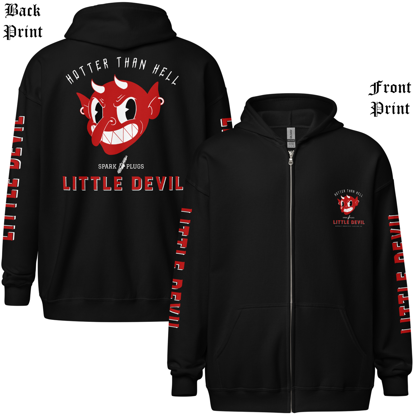
                  
                    Back & front view - Little Devil Heavy Zipper Hoodie in black, Asphalt Anarchist branding, retro devil graphic, and sleeve text detail. AI-generated image.
                  
                