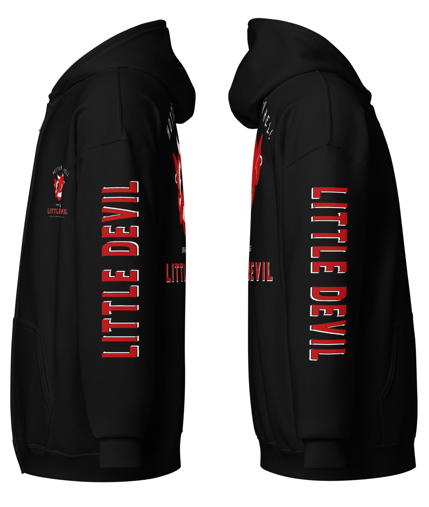 
                  
                    Side view - Little Devil Heavy Zipper Hoodie in black, Asphalt Anarchist branding, retro devil graphic, and sleeve text detail. AI-generated image.
                  
                