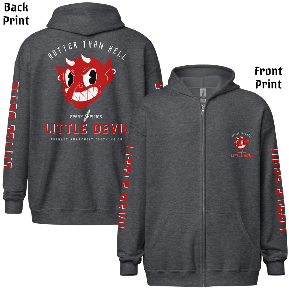 
                  
                    Back & front view - Little Devil Heavy Zipper Hoodie in dark heather, Asphalt Anarchist branding, retro devil graphic, and sleeve text detail. AI-generated image.
                  
                
