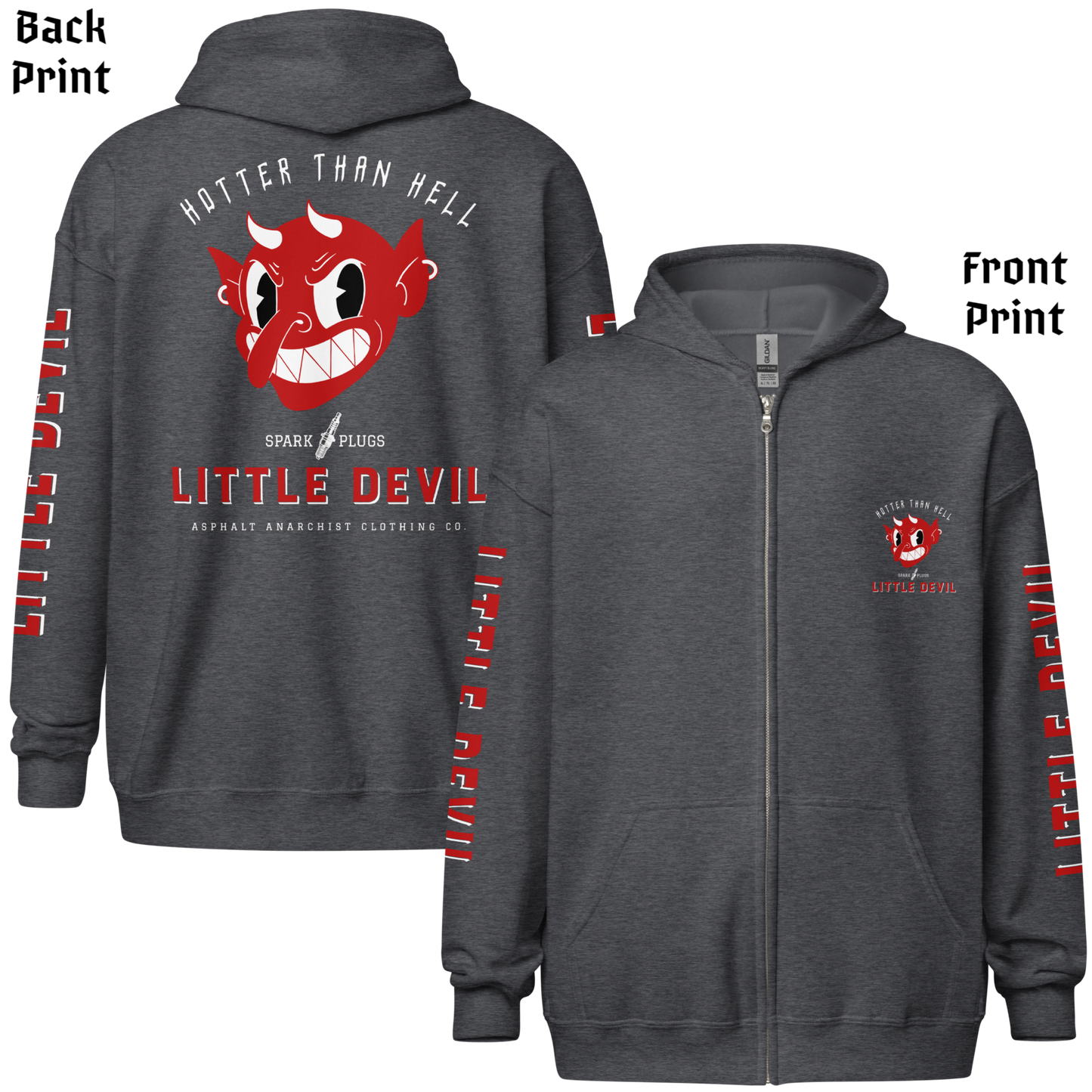 
                  
                    Back & front view - Little Devil Heavy Zipper Hoodie in dark heather, Asphalt Anarchist branding, retro devil graphic, and sleeve text detail. AI-generated image.
                  
                
