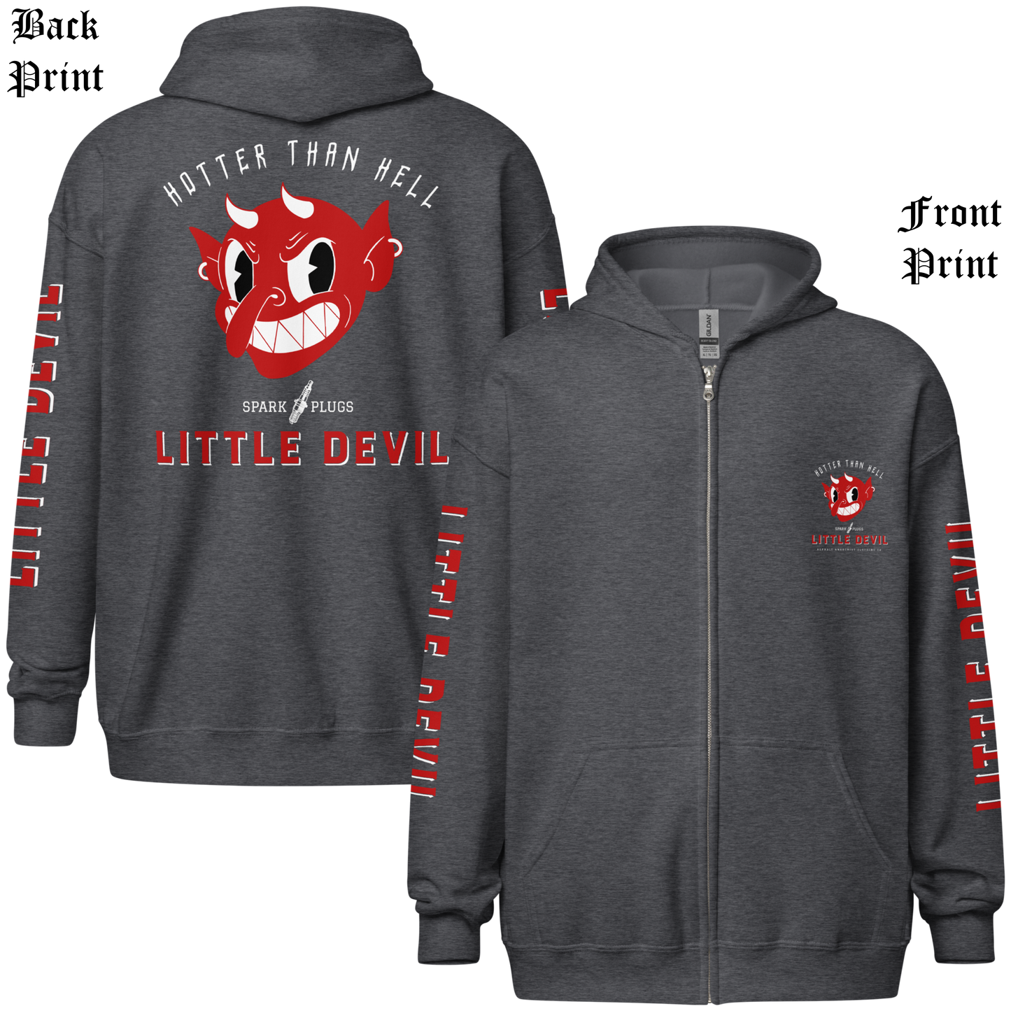 
                  
                    Back & front view - Little Devil Heavy Zipper Hoodie in Dark Heather, Asphalt Anarchist branding, retro devil graphic, and sleeve text detail. AI-generated image.
                  
                