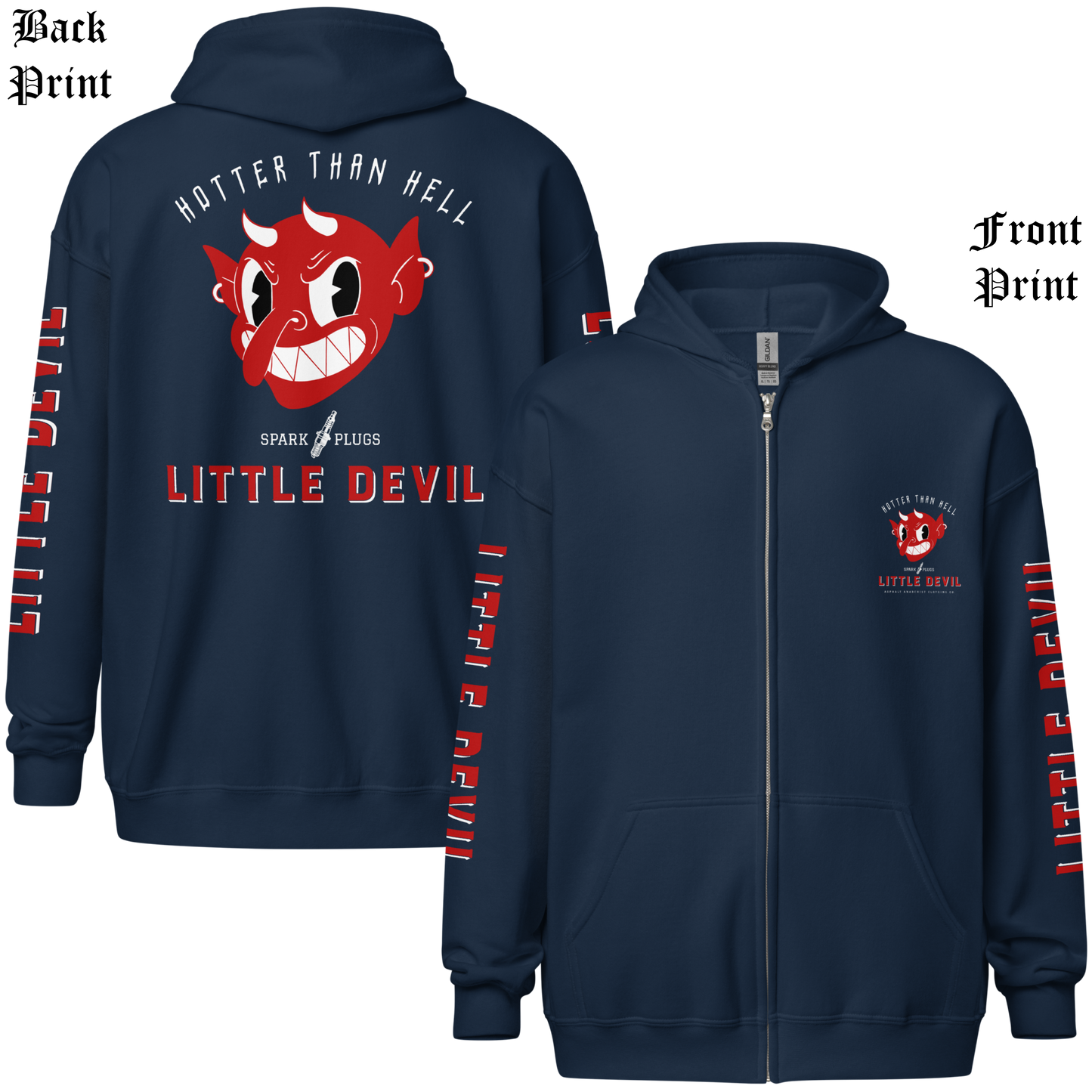 
                  
                    Back & front view - Little Devil Heavy Zipper Hoodie in navy, Asphalt Anarchist branding, retro devil graphic, and sleeve text detail. AI-generated image.
                  
                