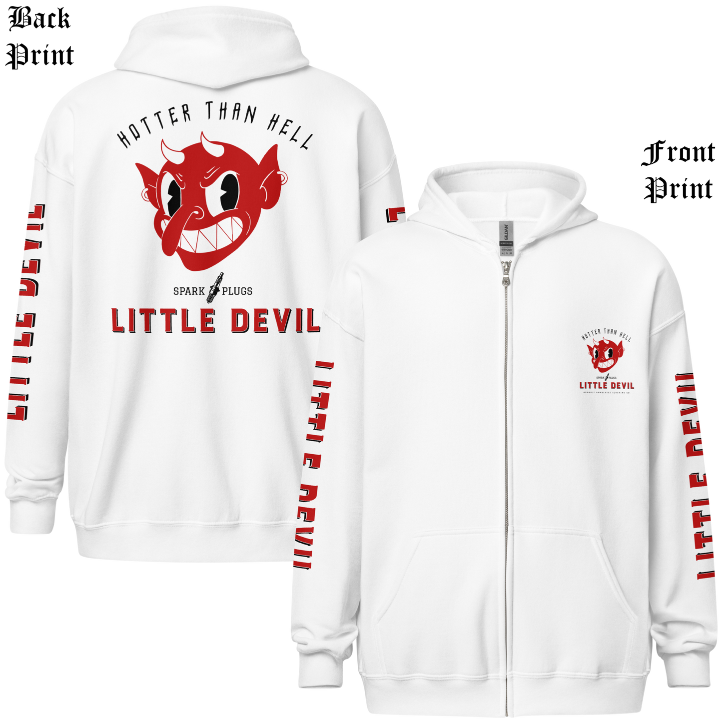 
                  
                    Back & front view - Little Devil Heavy Zipper Hoodie in white, Asphalt Anarchist branding, retro devil graphic, and sleeve text detail. AI-generated image.
                  
                
