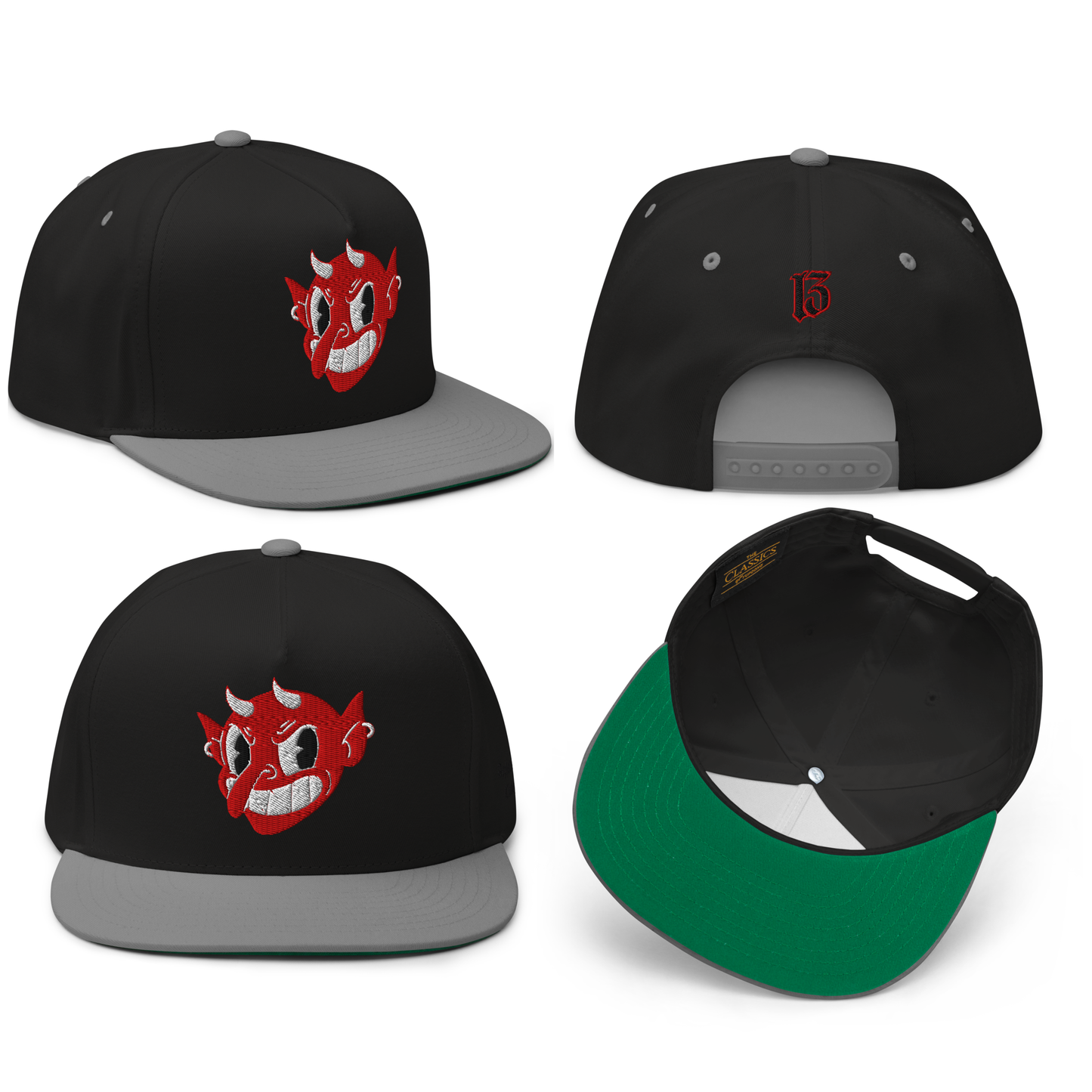
                  
                    Collage view of the Little Devil Embroidered Snapback in black & gray from Asphalt Anarchist, 5-panel flat brim cap with devil head, 13 back hit, and side logo. AI-generated image.
                  
                