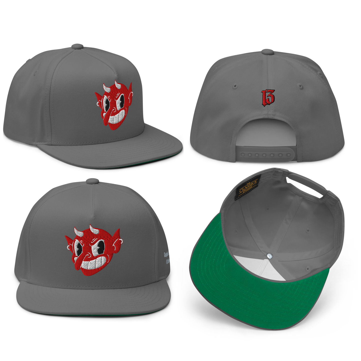 
                  
                    Collage view of the Little Devil Embroidered Snapback in gray from Asphalt Anarchist, 5-panel flat brim cap with devil head, 13 back hit, and side logo. AI-generated image.
                  
                