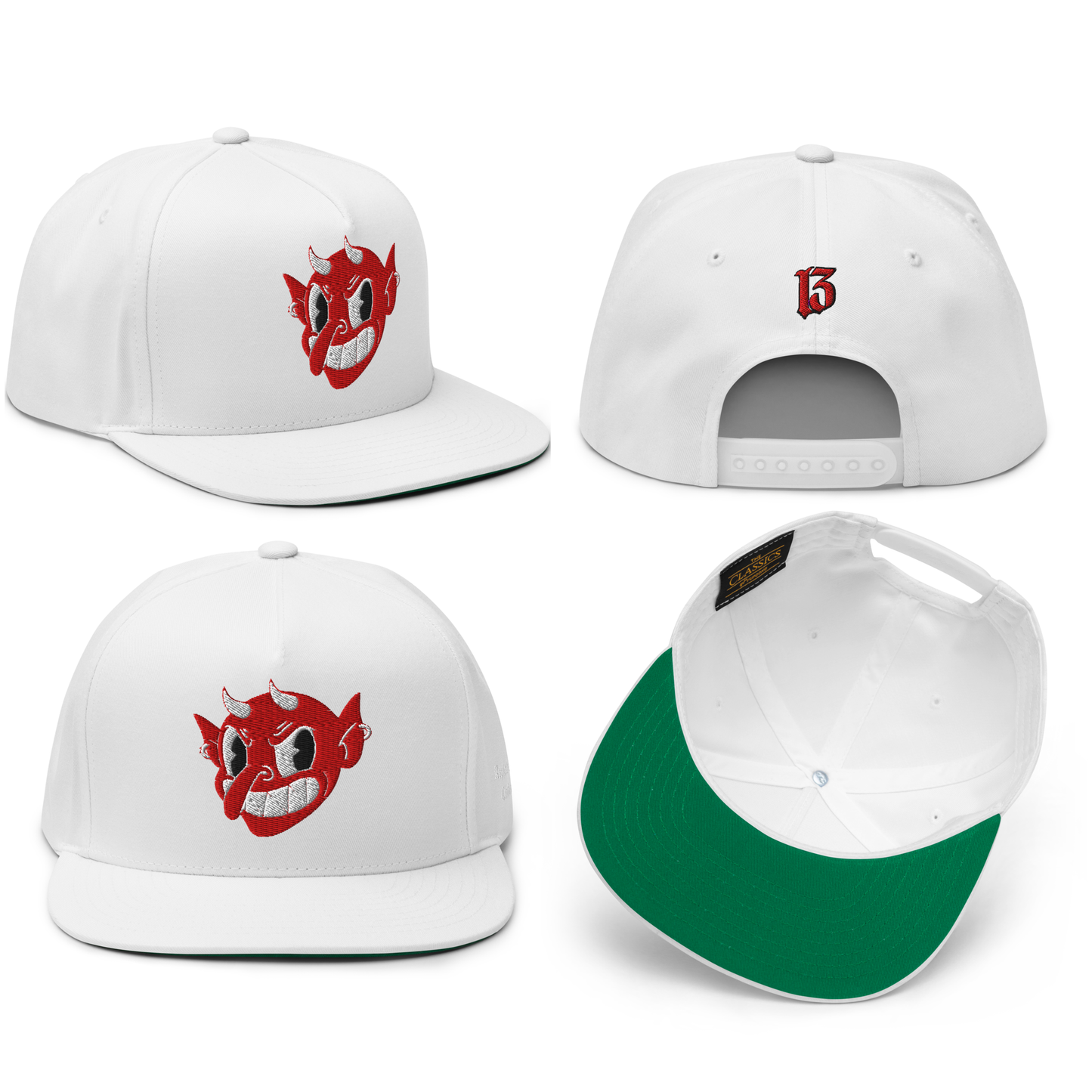 
                  
                    Collage view of the Little Devil Embroidered Snapback in white from Asphalt Anarchist, 5-panel flat brim cap with devil head, 13 back hit, and side logo. AI-generated image.
                  
                