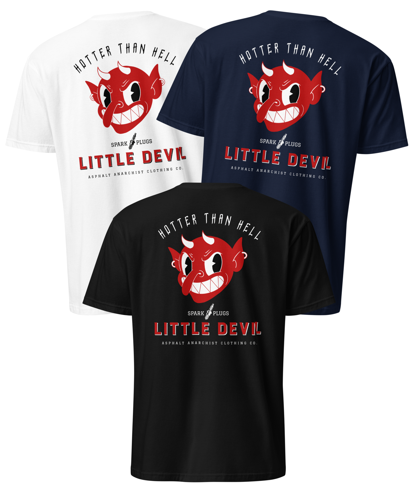 
                  
                    Back view Little Devil Tee from Asphalt Anarchist Clothing Co. Black, Navy, & White soft-style tee featuring a bold retro devil head graphic with vintage ad vibes for the fictional brand “Little Devil Spark Plugs,” paired with the fiery slogan “Hotter Than Hell.” AI Generated image. 
                  
                