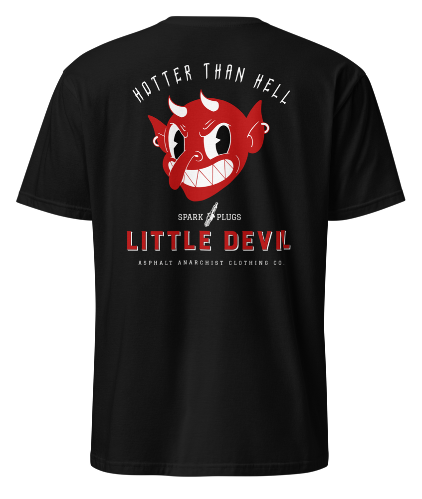 
                  
                    Back view Little Devil Tee from Asphalt Anarchist Clothing Co. Black soft-style tee featuring a bold retro devil head graphic with vintage ad vibes for the fictional brand “Little Devil Spark Plugs,” paired with the fiery slogan “Hotter Than Hell.” AI Generated image.
                  
                