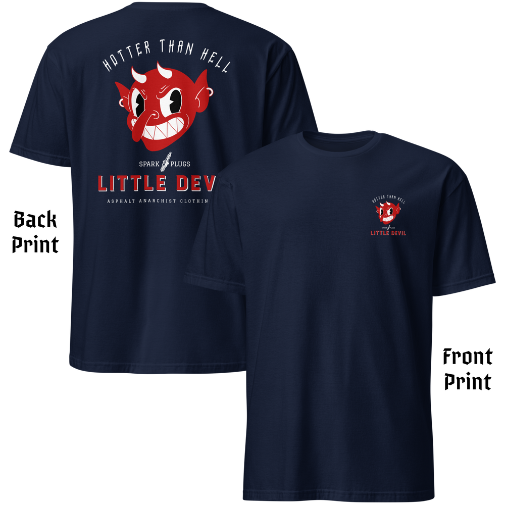 
                  
                    Back & front view Little Devil Tee from Asphalt Anarchist Clothing Co. Navy soft-style tee featuring a bold retro devil head graphic with vintage ad vibes for the fictional brand “Little Devil Spark Plugs,” paired with the fiery slogan “Hotter Than Hell.” AI Generated image.
                  
                