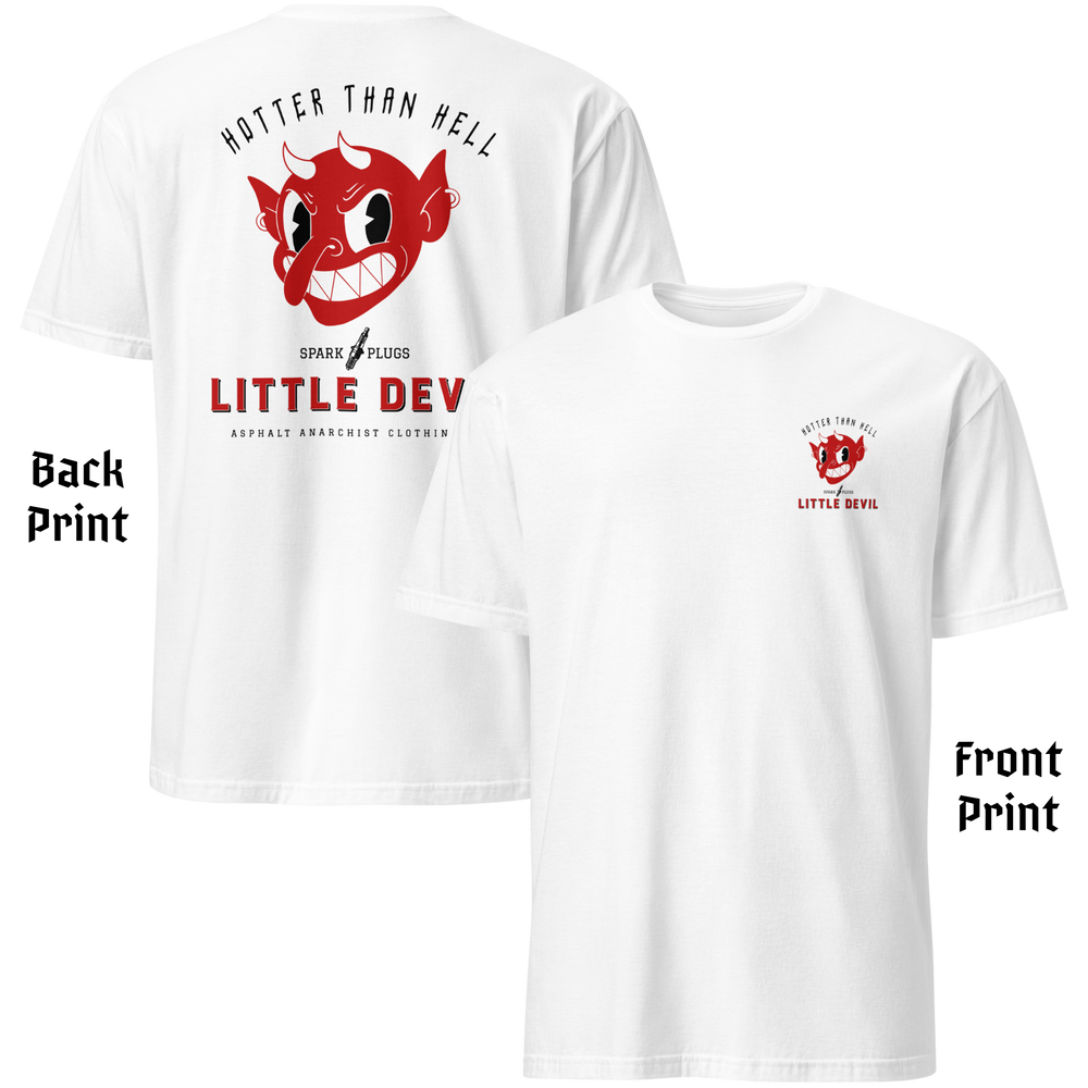 
                  
                    Back & front view Little Devil Tee from Asphalt Anarchist Clothing Co. White soft-style tee featuring a bold retro devil head graphic with vintage ad vibes for the fictional brand “Little Devil Spark Plugs,” paired with the fiery slogan “Hotter Than Hell.” AI Generated image.
                  
                