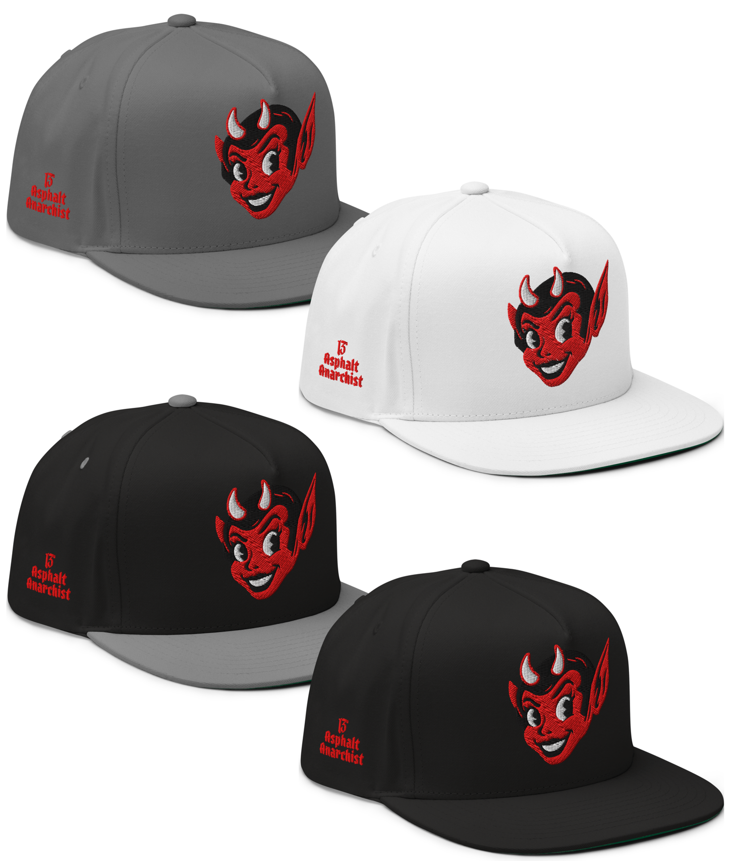 Front collage view of the Little She Devil embroidered snapback hat in black, black & gray, gray, or white by Asphalt Anarchist Clothing Co. A sassy she devil smirking with mischief, iconic 13 hit on the back. Image is AI-generated