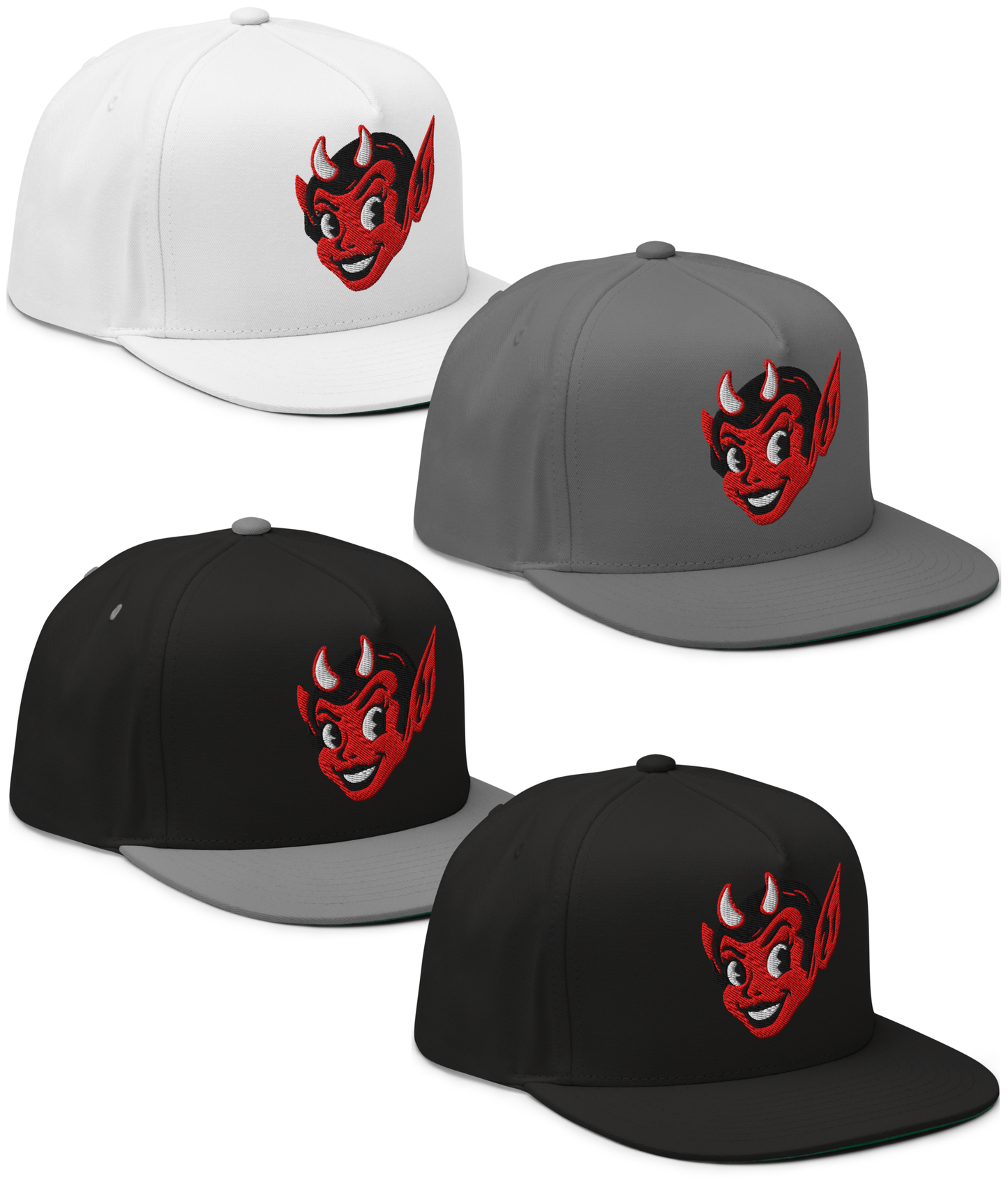 Front collage view of the Little She Devil embroidered snapback hat in black, black & gray, gray, or white by Asphalt Anarchist Clothing Co. A sassy she devil smirking with mischief, iconic 13 hit on the back. Image is AI-generated