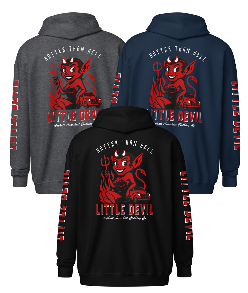 
                  
                    Back collage view of the Little She Devil Heavy Zipper Hoodie by Asphalt Anarchist Clothing Co. Black, Dark Heather, or Navy zip-up with red devil girl and hot rod graphic on back. AI-generated image.
                  
                