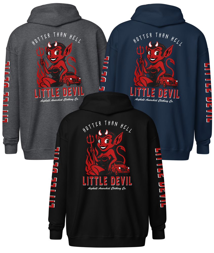 Back collage view of the Little She Devil Heavy Zipper Hoodie by Asphalt Anarchist Clothing Co. Black, Dark Heather, or Navy zip-up with red devil girl and hot rod graphic on back. AI-generated image.