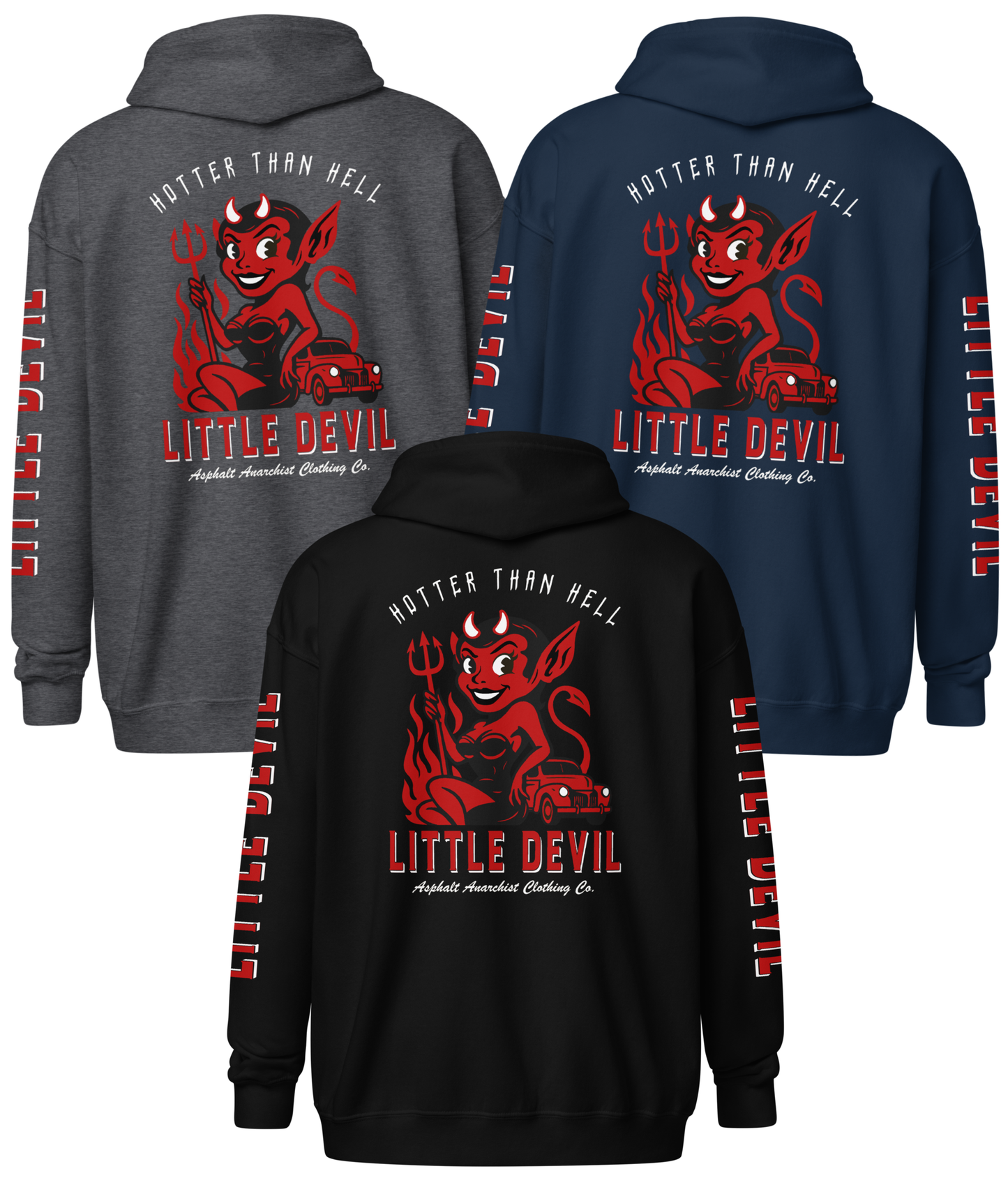Back collage view of the Little She Devil Heavy Zipper Hoodie by Asphalt Anarchist Clothing Co. Black, Dark Heather, or Navy zip-up with red devil girl and hot rod graphic on back. AI-generated image.
