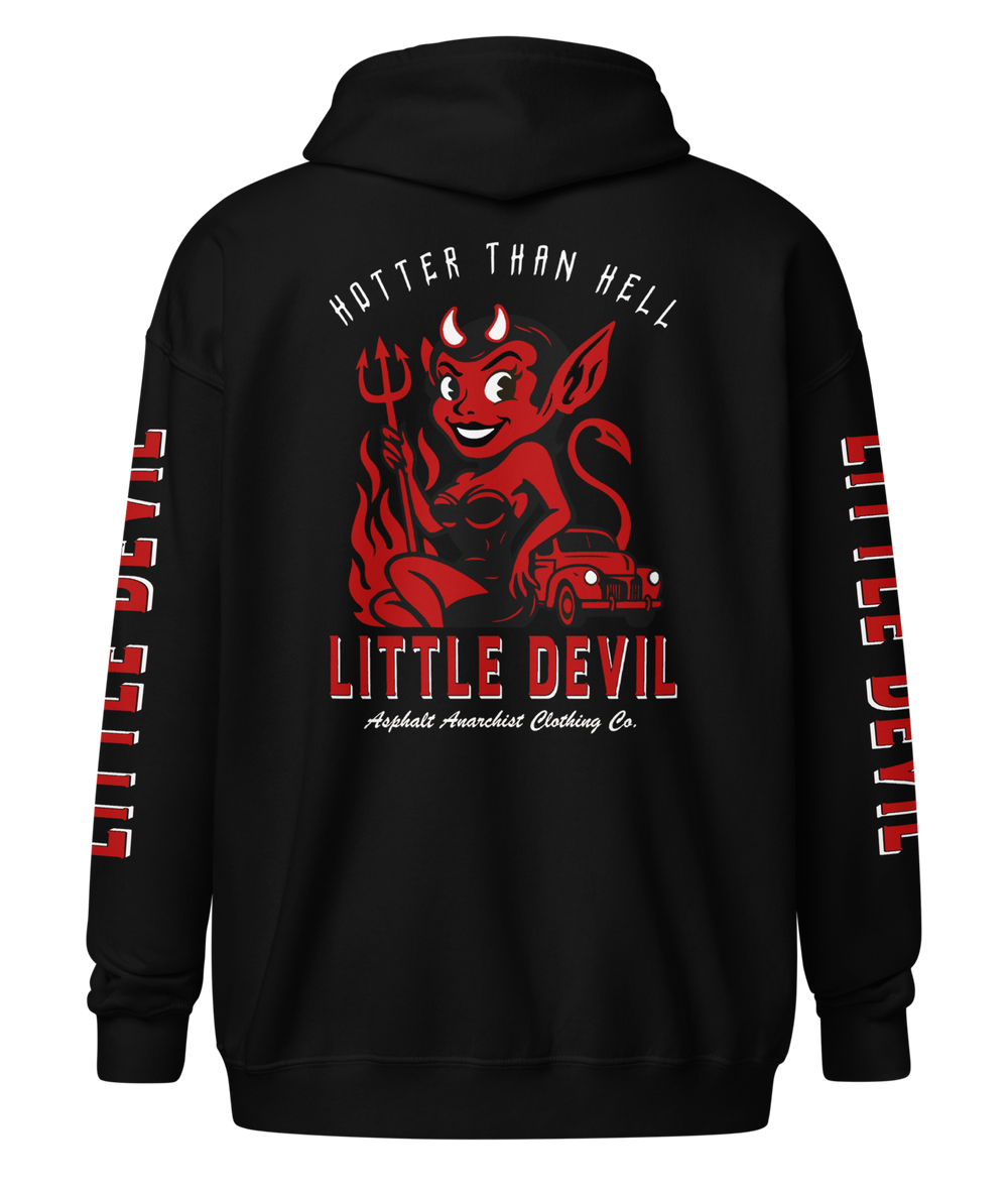 Back view of the Little She Devil Heavy Zipper Hoodie by Asphalt Anarchist Clothing Co. Black zip-up with red devil girl and hot rod graphic on back. AI-generated image.
