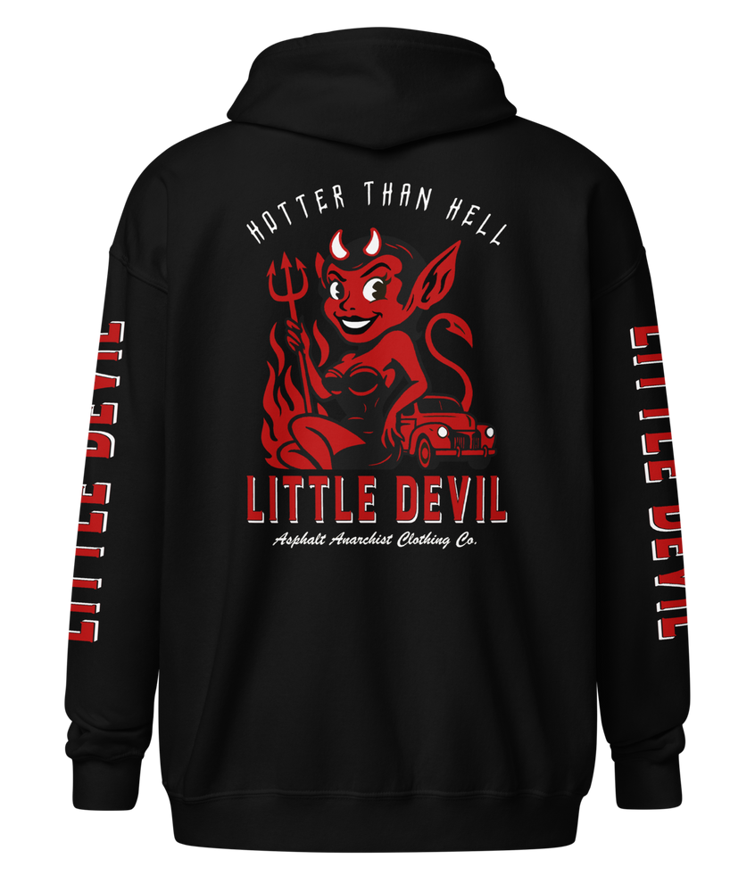 
                  
                    Back view of the Little She Devil Heavy Zipper Hoodie by Asphalt Anarchist Clothing Co. Black zip-up with red devil girl and hot rod graphic on back. AI-generated image.

                  
                