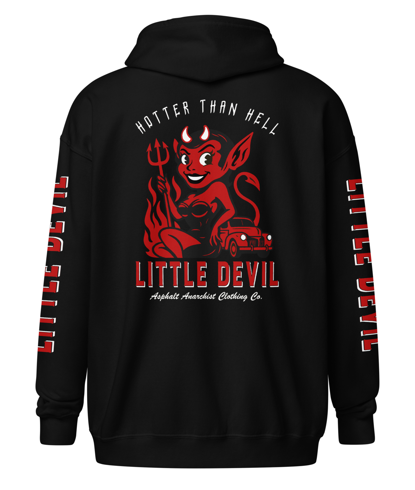 
                  
                    Back view of the Little She Devil Heavy Zipper Hoodie by Asphalt Anarchist Clothing Co. Black zip-up with red devil girl and hot rod graphic on back. AI-generated image.

                  
                