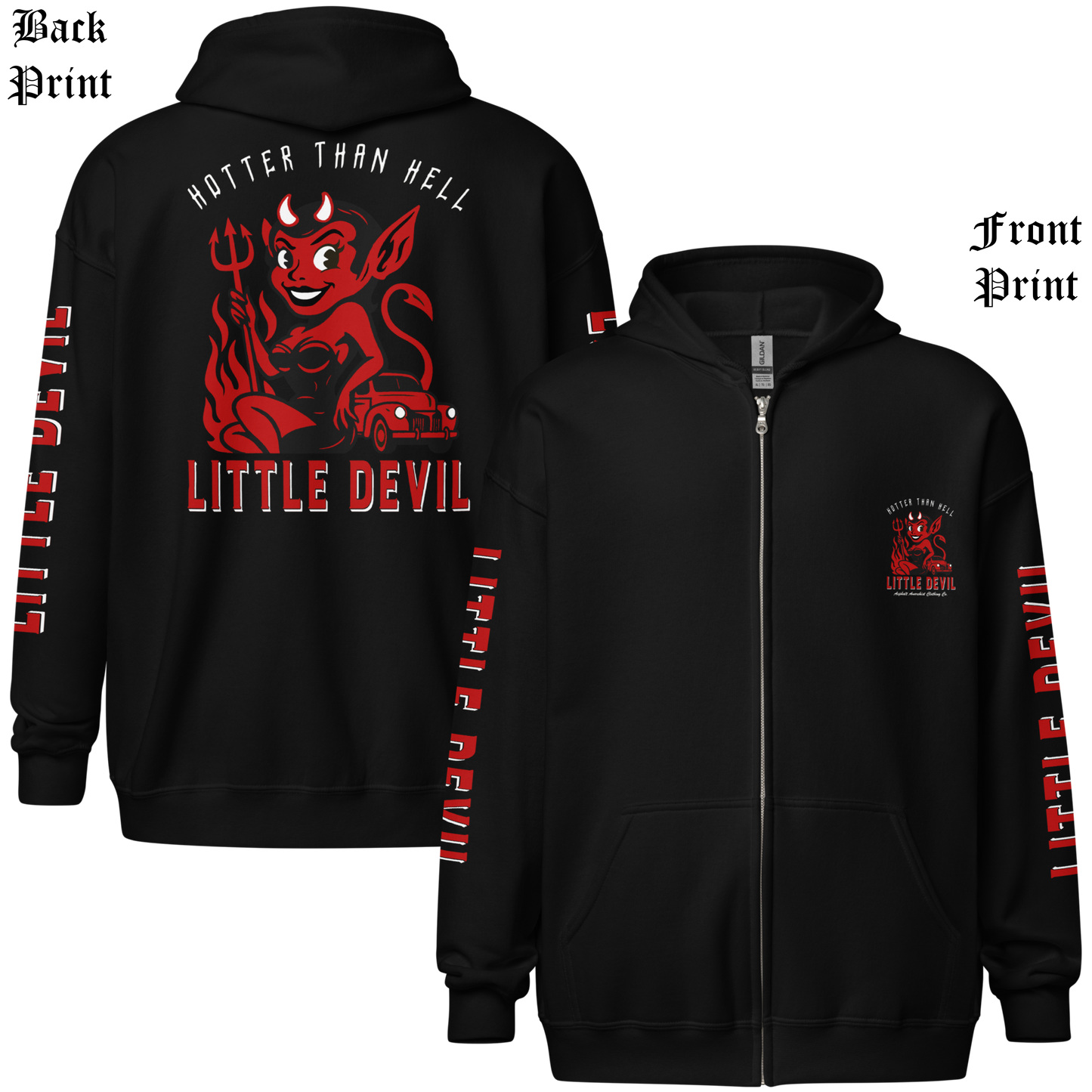 
                  
                    Back & front view of the Little She Devil Heavy Zipper Hoodie by Asphalt Anarchist Clothing Co. Black zip-up with red devil girl and hot rod graphic on back. AI-generated image.
                  
                