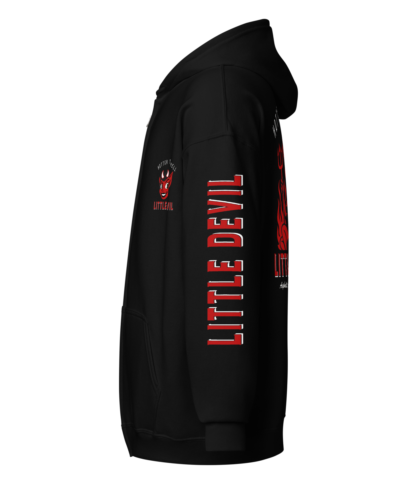 
                  
                    Left Side view of the Little She Devil Heavy Zipper Hoodie by Asphalt Anarchist Clothing Co. Black zip-up with red devil girl and hot rod graphic on back. AI-generated image.
                  
                