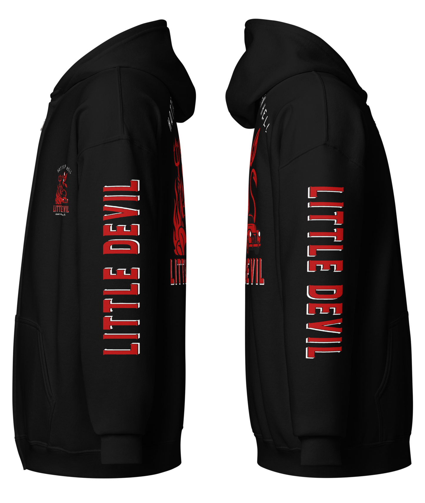 
                  
                    Left Side view of the Little She Devil Side Views Heavy Zipper Hoodie by Asphalt Anarchist Clothing Co. Black zip-up with red devil girl and hot rod graphic on back. AI-generated image.
                  
                