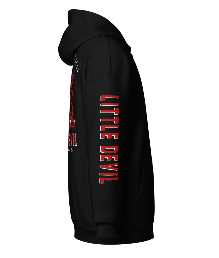 
                  
                    Right side view of the Little She Devil Heavy Zipper Hoodie by Asphalt Anarchist Clothing Co. Black zip-up with red devil girl and hot rod graphic on back. AI-generated image.
                  
                