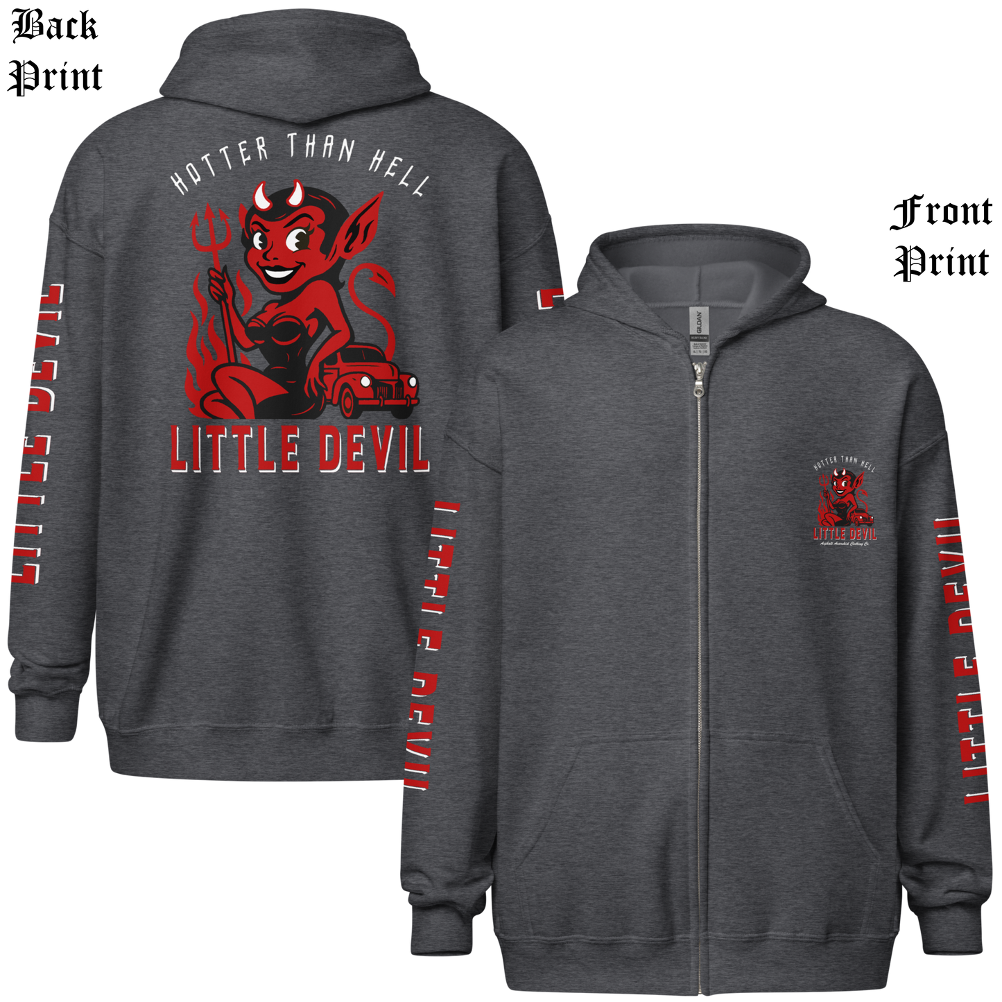 
                  
                    Back & front view of the Little She Devil Heavy Zipper Hoodie by Asphalt Anarchist Clothing Co. Dark Heather zip-up with red devil girl and hot rod graphic on back. AI-generated image.
                  
                