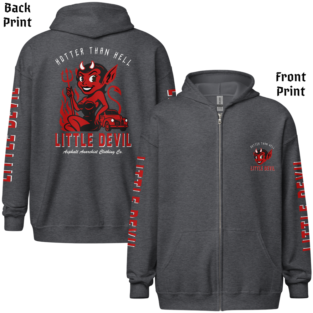 
                  
                    Back & front view of the Little She Devil Heavy Zipper Hoodie by Asphalt Anarchist Clothing Co. Dark Heather zip-up with red devil girl and hot rod graphic on back. AI-generated image.
                  
                