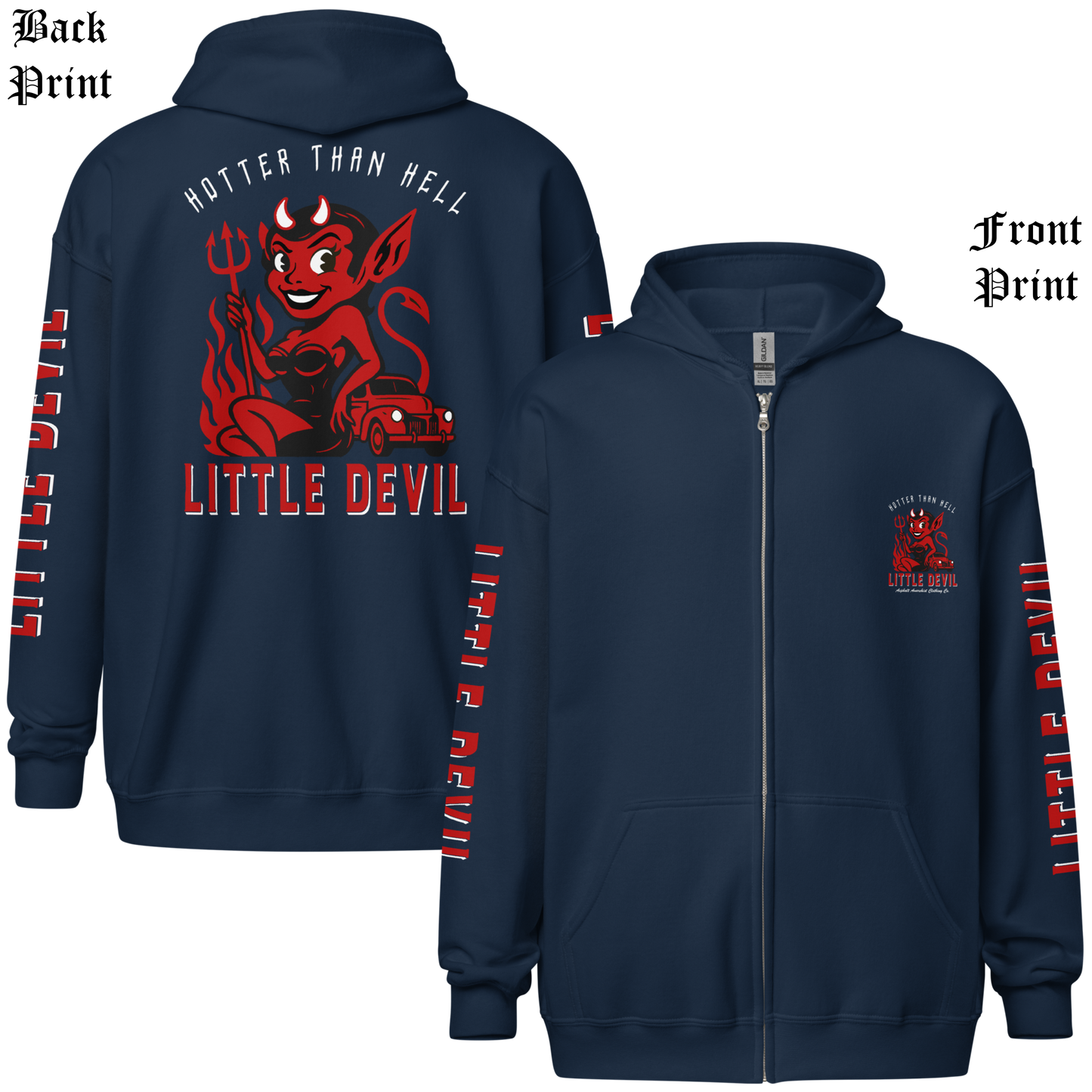 
                  
                    Back & front view of the Little She Devil Heavy Zipper Hoodie by Asphalt Anarchist Clothing Co. Navy zip-up with red devil girl and hot rod graphic on back. AI-generated image.
                  
                