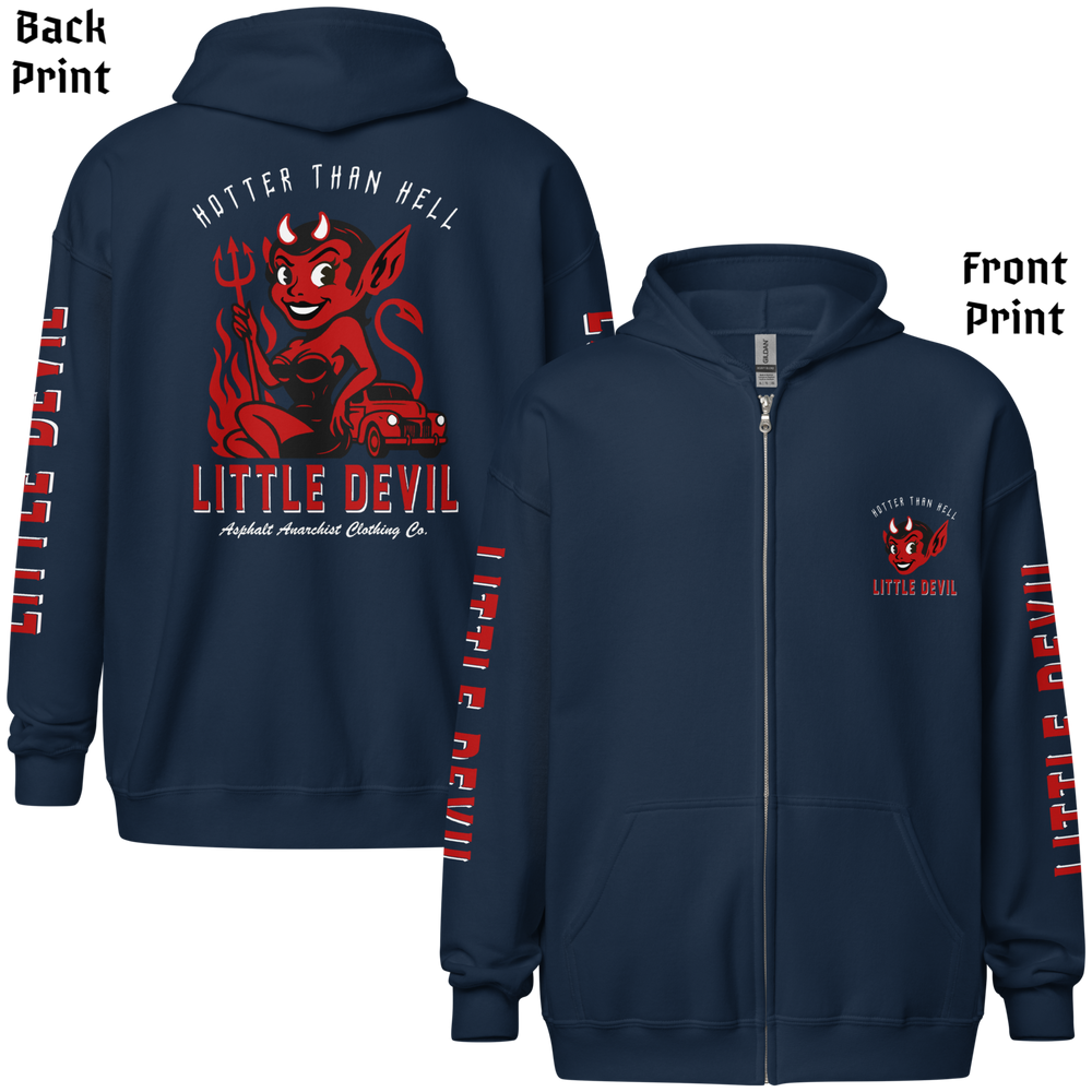 
                  
                    Back & front view of the Little She Devil Heavy Zipper Hoodie by Asphalt Anarchist Clothing Co. Navy zip-up with red devil girl and hot rod graphic on back. AI-generated image.
                  
                