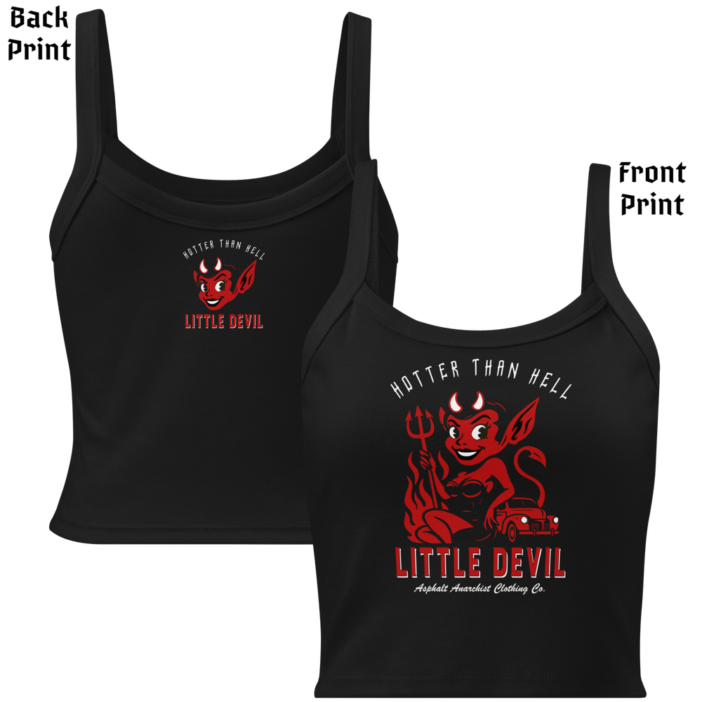 
                  
                    Front and back view of the Little She Devil Micro-Rib Tank in black by Asphalt Anarchist Clothing Co., featuring a sultry red devil girl leaning against a vintage hot rod, flames, pitchfork, the words Hotter Than Hell across the top. AI-generated image.
                  
                