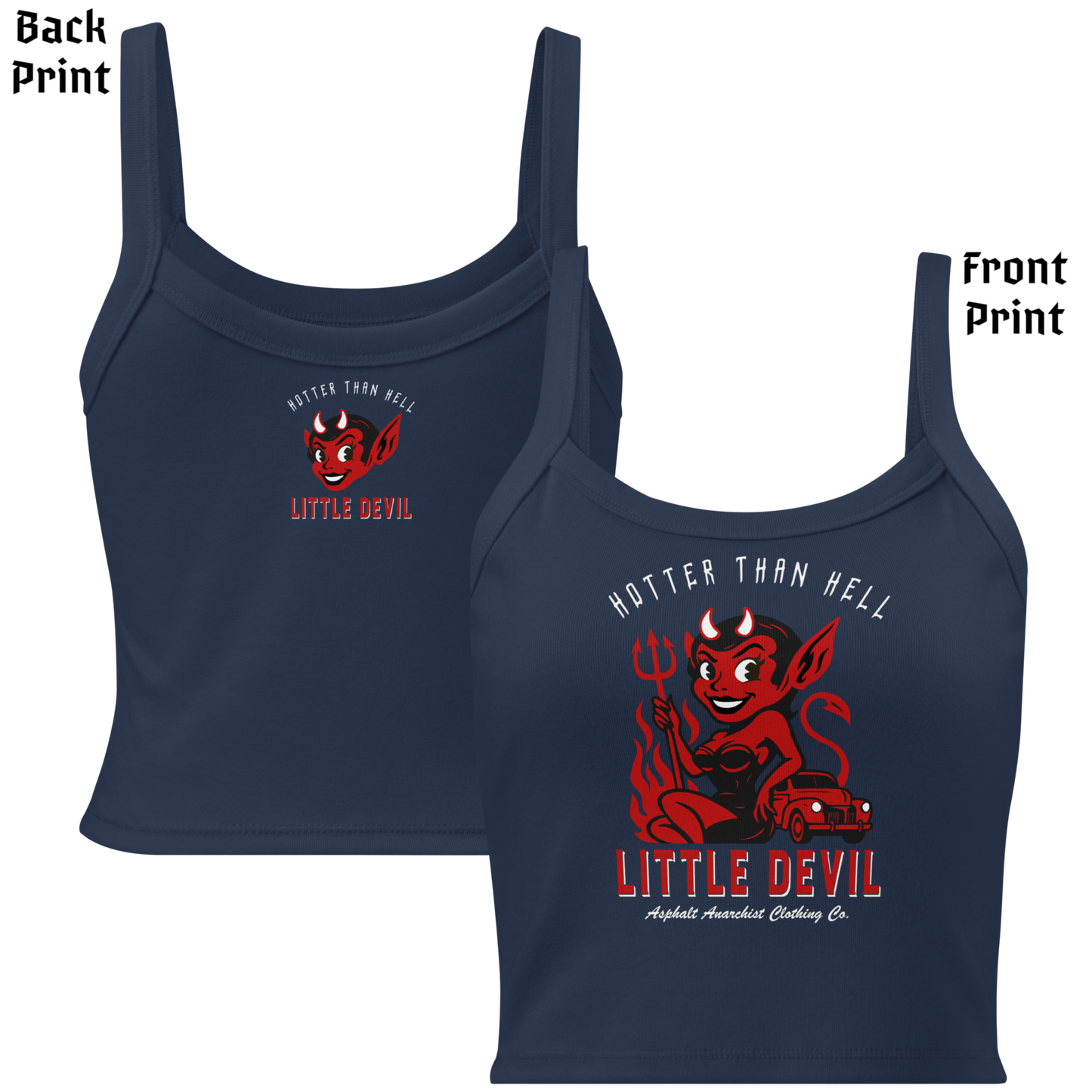 
                  
                    Front and back view of the Little She Devil Micro-Rib Tank in navy by Asphalt Anarchist Clothing Co., featuring a sultry red devil girl leaning against a vintage hot rod, flames, pitchfork, the words Hotter Than Hell across the top. AI-generated image.
                  
                