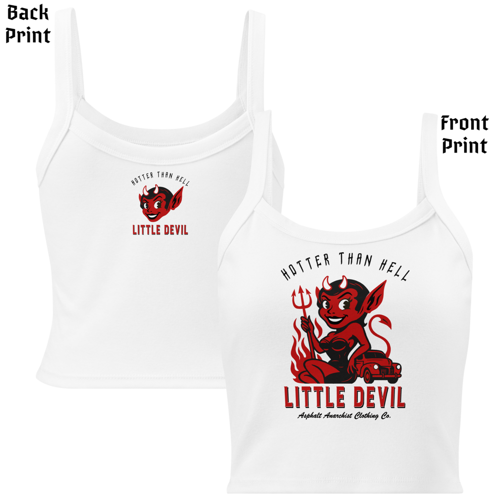 
                  
                    Front and back view of the Little She Devil Micro-Rib Tank in white by Asphalt Anarchist Clothing Co., featuring a sultry red devil girl leaning against a vintage hot rod, flames, pitchfork, the words Hotter Than Hell across the top. AI-generated image.
                  
                
