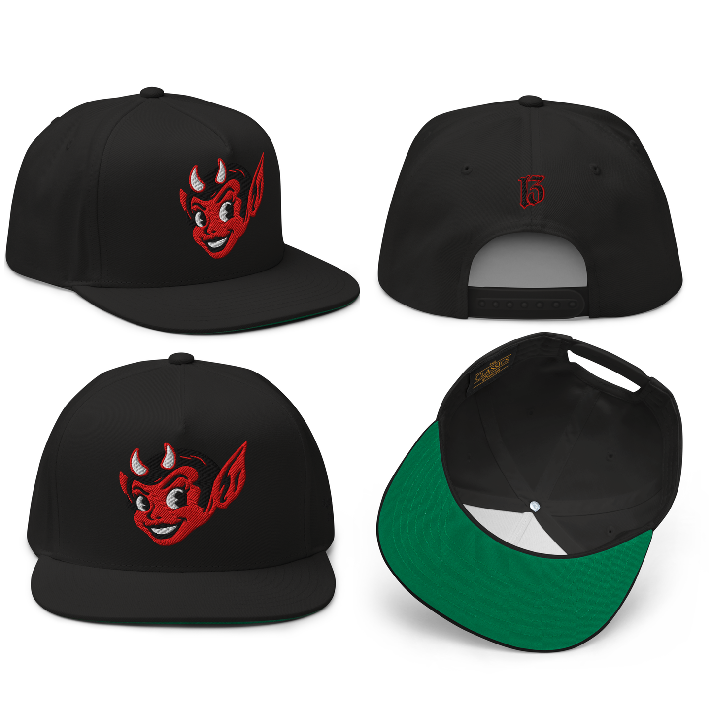 
                  
                    Front collage view of the Little She Devil embroidered snapback hat in black by Asphalt Anarchist Clothing Co. A sassy she devil smirking with mischief, iconic 13 hit on the back. Image is AI-generated
                  
                