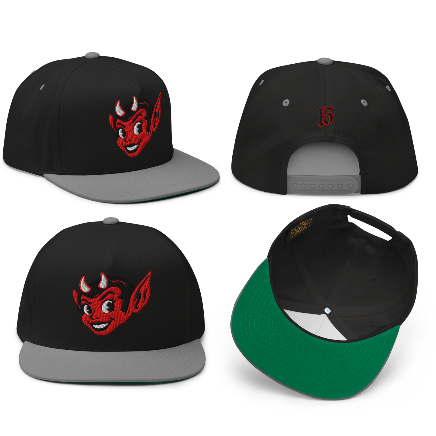 
                  
                    Front collage view of the Little She Devil embroidered snapback hat in black & gray by Asphalt Anarchist Clothing Co. A sassy she devil smirking with mischief, iconic 13 hit on the back. Image is AI-generated
                  
                