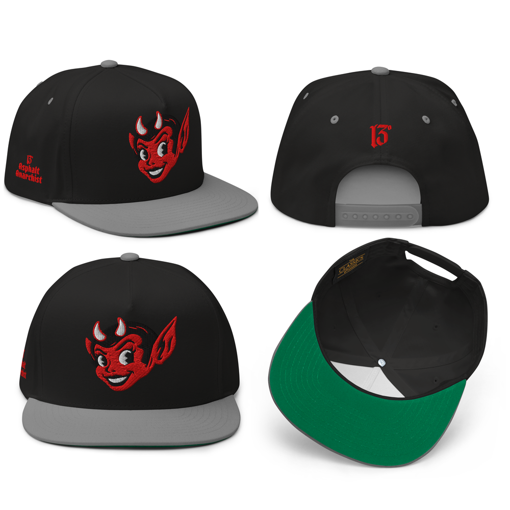 
                  
                    Front collage view of the Little She Devil embroidered snapback hat in black & gray by Asphalt Anarchist Clothing Co. A sassy she devil smirking with mischief, iconic 13 hit on the back. Image is AI-generated
                  
                