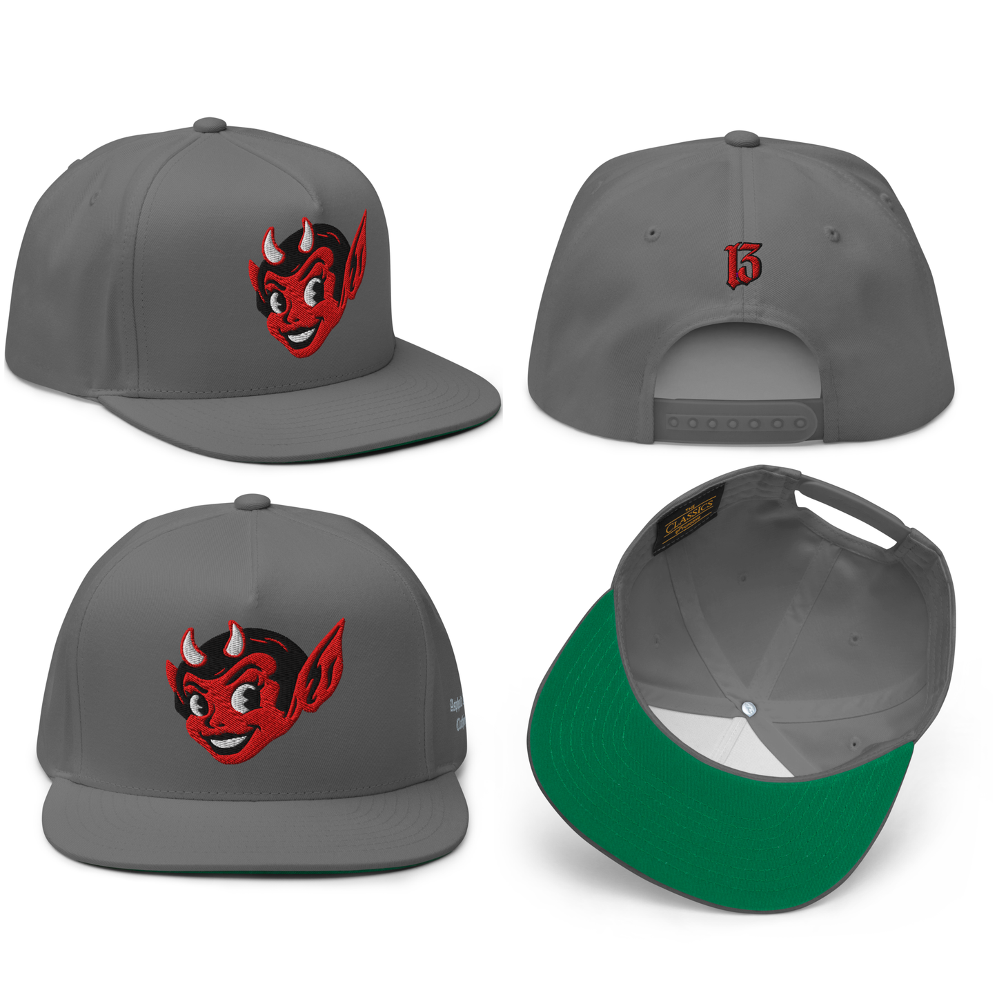 
                  
                    Front collage view of the Little She Devil embroidered snapback hat in gray by Asphalt Anarchist Clothing Co. A sassy she devil smirking with mischief, iconic 13 hit on the back. Image is AI-generated
                  
                