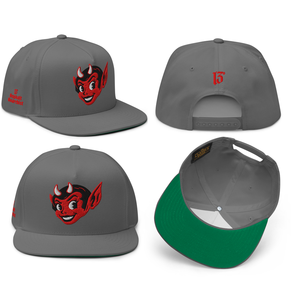 
                  
                    Front collage view of the Little She Devil embroidered snapback hat in gray by Asphalt Anarchist Clothing Co. A sassy she devil smirking with mischief, iconic 13 hit on the back. Image is AI-generated
                  
                