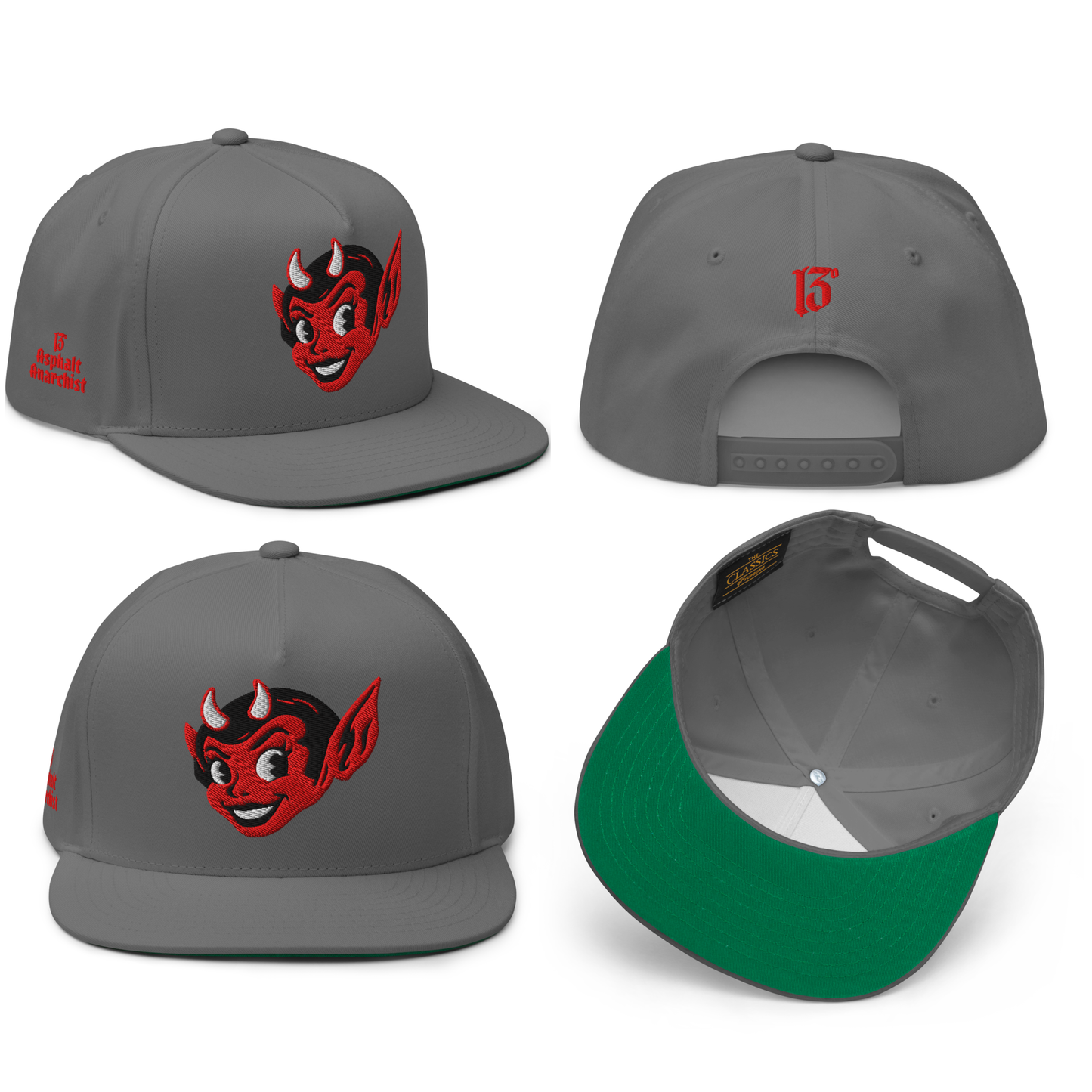 
                  
                    Front collage view of the Little She Devil embroidered snapback hat in gray by Asphalt Anarchist Clothing Co. A sassy she devil smirking with mischief, iconic 13 hit on the back. Image is AI-generated
                  
                