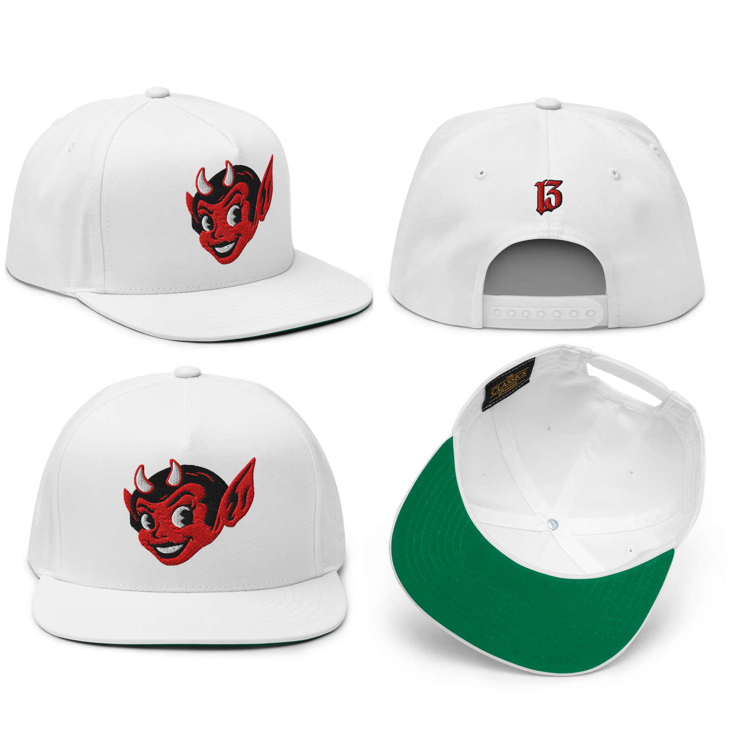 
                  
                    Front collage view of the Little She Devil embroidered snapback hat in white by Asphalt Anarchist Clothing Co. A sassy she devil smirking with mischief, iconic 13 hit on the back. Image is AI-generated
                  
                