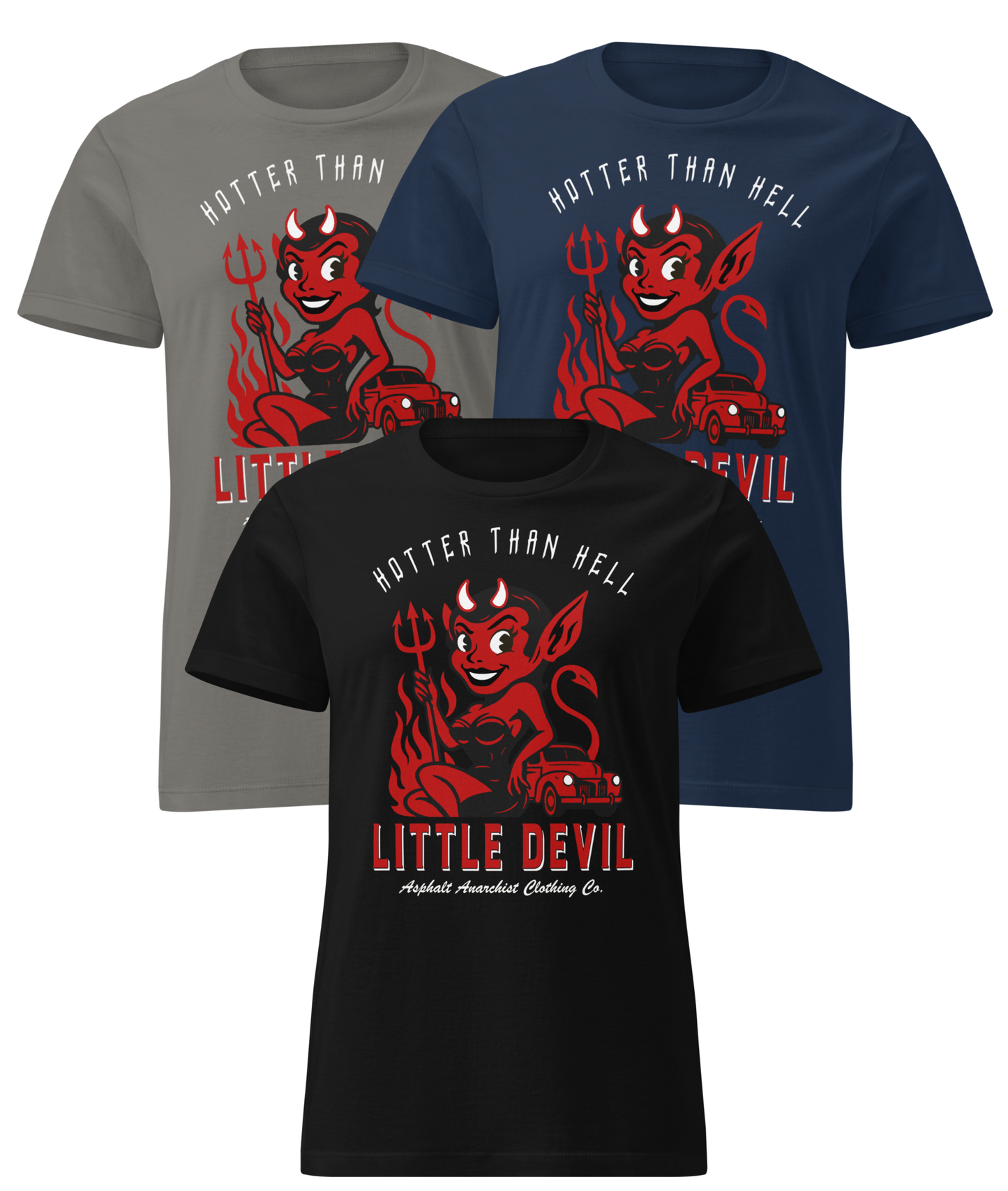 
                  
                    Collage Front View of Black, Navy, & Gray ‘Little She Devil’ women’s soft-style crew tee by Asphalt Anarchist Clothing Co., featuring vintage-inspired hot rod artwork and retro pin-up flair; image is AI-generated.
                  
                