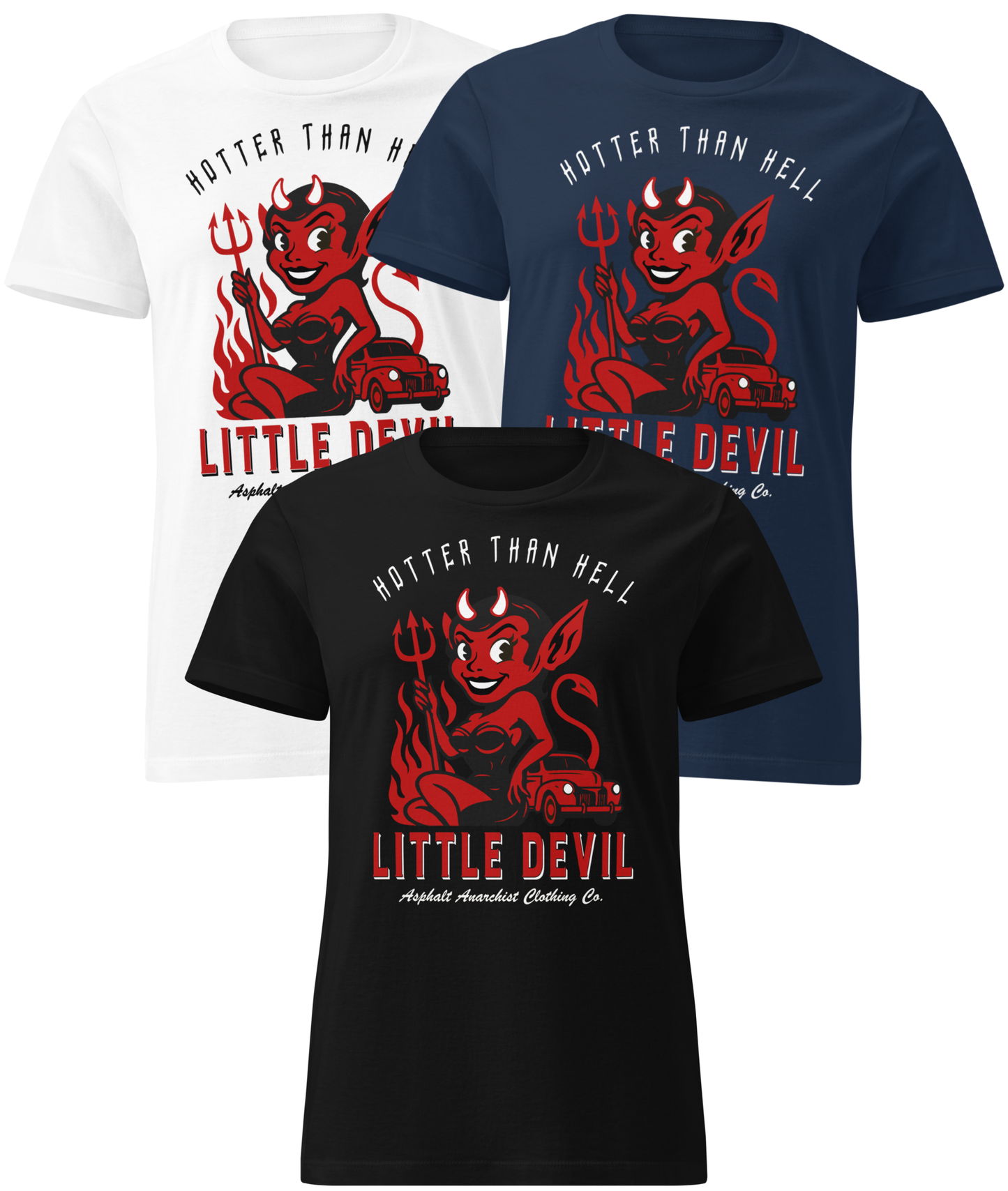 Front collage View of Black, navy, and white  ‘Little She Devil’ women’s soft-style crew tee by Asphalt Anarchist Clothing Co., featuring vintage-inspired hot rod artwork and retro pin-up flair; image is AI-generated