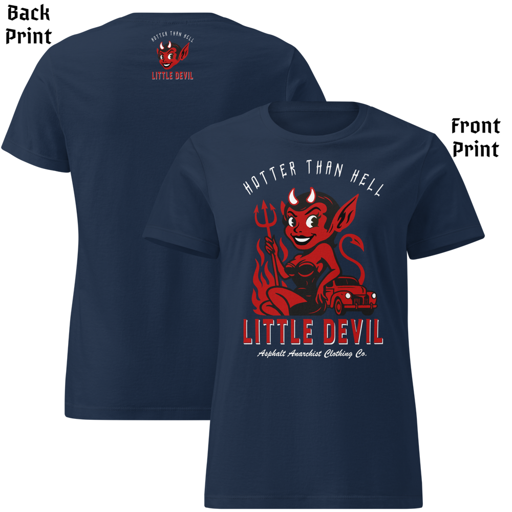
                  
                    Front & back view of navy ‘Little She Devil’ women’s soft-style crew tee by Asphalt Anarchist Clothing Co., featuring vintage-inspired hot rod artwork and retro pin-up flair; image is AI-generated.
                  
                