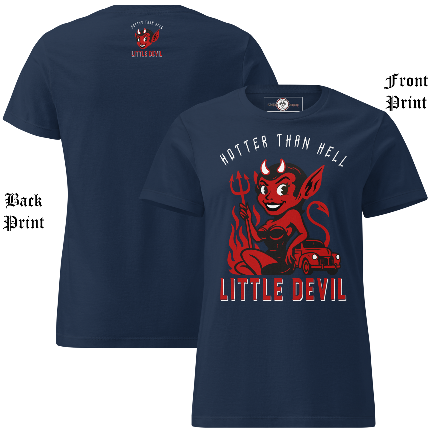 
                  
                    Front & back view of navy ‘Little She Devil’ women’s soft-style crew tee by Asphalt Anarchist Clothing Co., featuring vintage-inspired hot rod artwork and retro pin-up flair; image is AI-generated.
                  
                