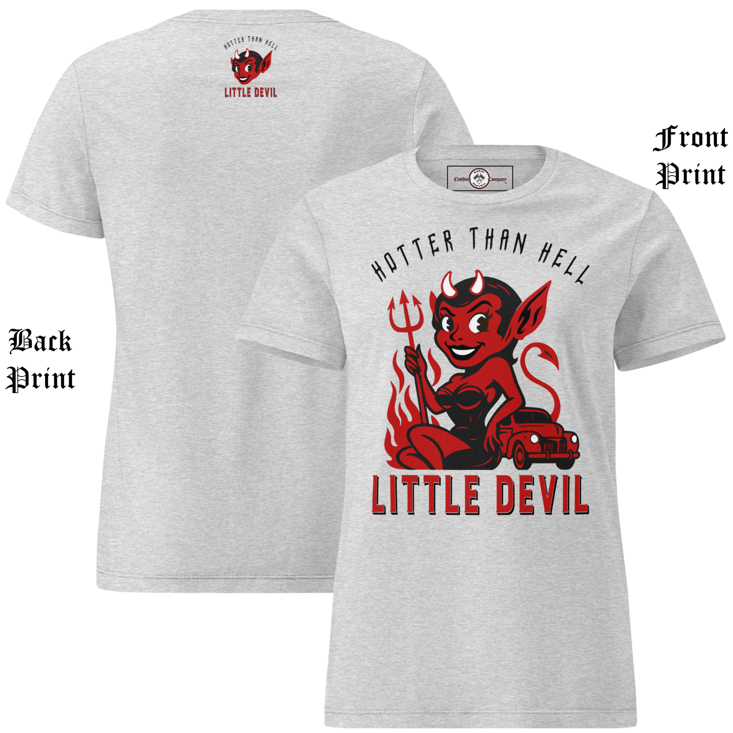 
                  
                    Front & back view of sport gray ‘Little She Devil’ women’s soft-style crew tee by Asphalt Anarchist Clothing Co., featuring vintage-inspired hot rod artwork and retro pin-up flair; image is AI-generated.
                  
                