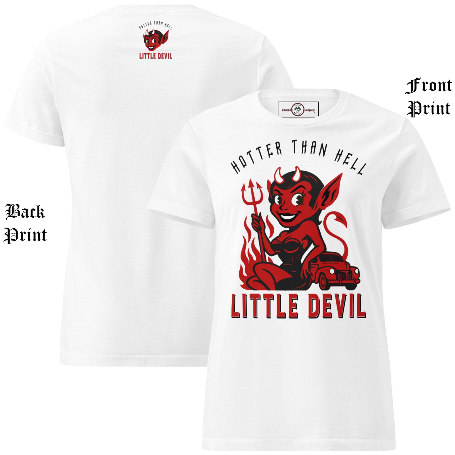 
                  
                    Front & back view of white ‘Little She Devil’ women’s soft-style crew tee by Asphalt Anarchist Clothing Co., featuring vintage-inspired hot rod artwork and retro pin-up flair; image is AI-generated.
                  
                