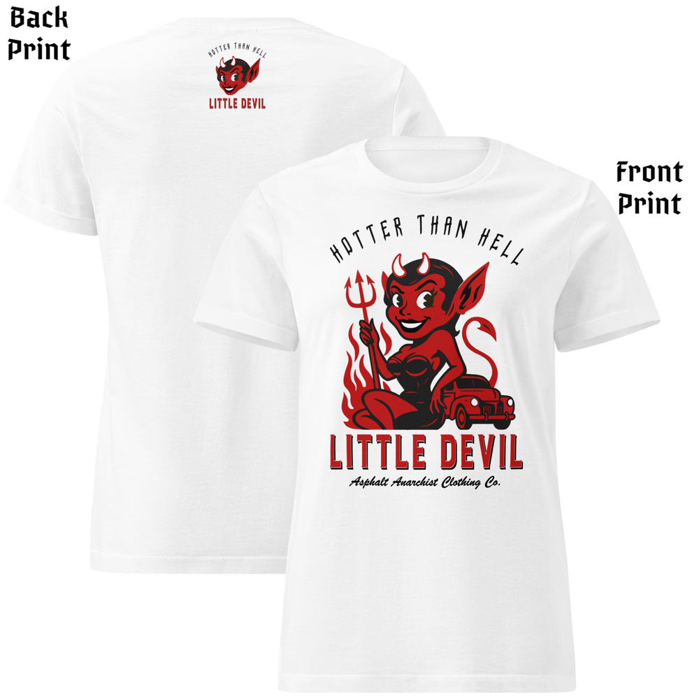 
                  
                    Front & back view of white ‘Little She Devil’ women’s soft-style crew tee by Asphalt Anarchist Clothing Co., featuring vintage-inspired hot rod artwork and retro pin-up flair; image is AI-generated.
                  
                