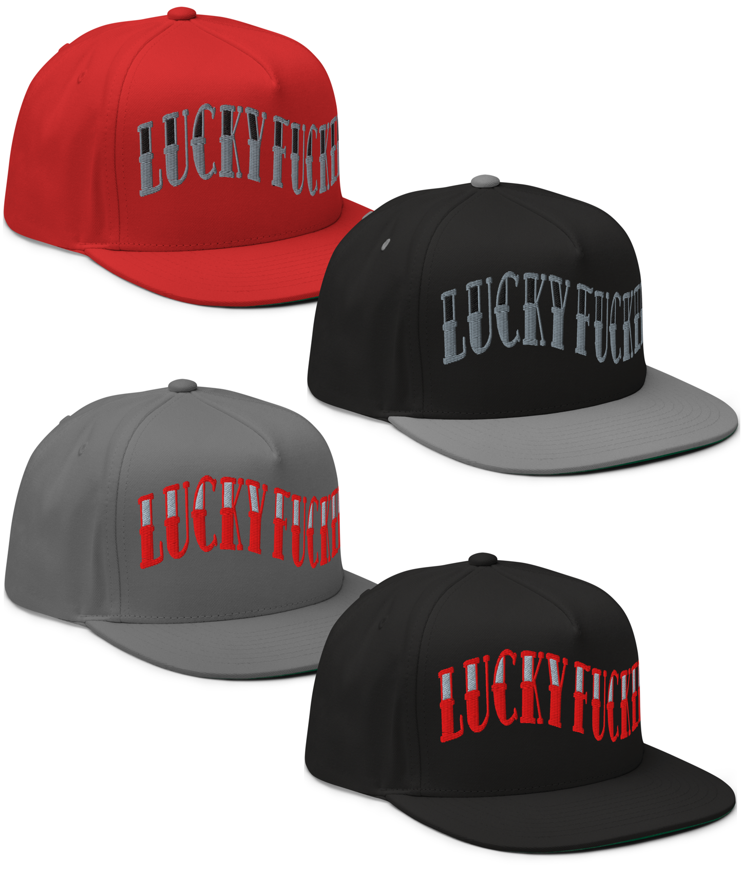 Front collage view of the Lucky Fucker Embroidered Snapback by Asphalt Anarchist—black, black & gray, gray, or red  5-panel cap with “Lucky Fucker” stitched in sailor tattoo font, embroidered 13 on the back, and side logo detail. AI Generated Image.