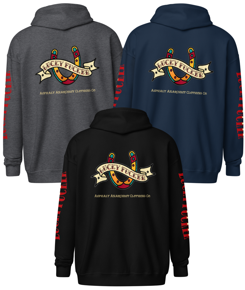 Back collage view of the Lucky Fucker Heavy Zipper Hoodie in black, gray, or navy by Asphalt Anarchist Clothing Co. Featuring full-back American Traditional tattoo-style Lucky Fucker banner across a horseshoe artwork and stitched sleeve details. AI Generated Image.